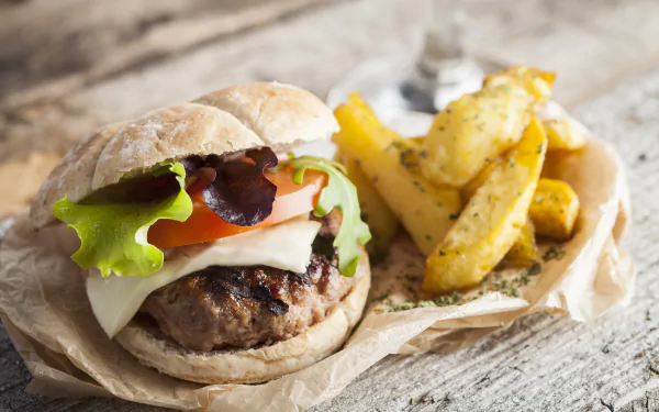 A close-up 4K Ultra HD desktop wallpaper of a juicy burger with lettuce, tomato, cheese, and a side of seasoned French fries on rustic parchment paper.