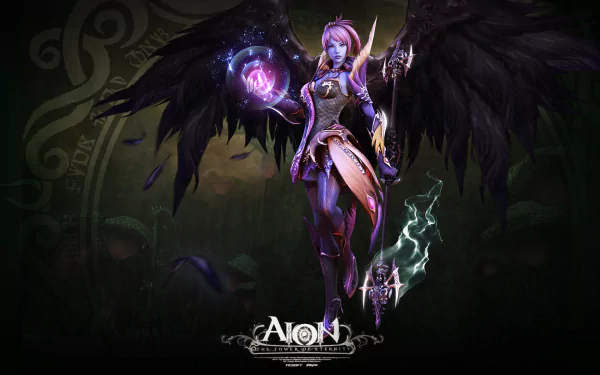 HD PC desktop wallpaper: AION (Aion: Tower of Eternity) fantasy scene of pink-haired winged sorceress casting magic, dark wings and a glowing orb.
