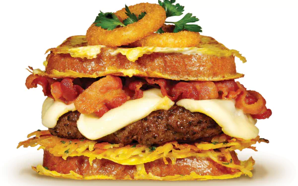 4K Ultra HD desktop wallpaper featuring a loaded burger with bacon, melted cheese, onion rings, and fresh herbs on toasted bread layers.