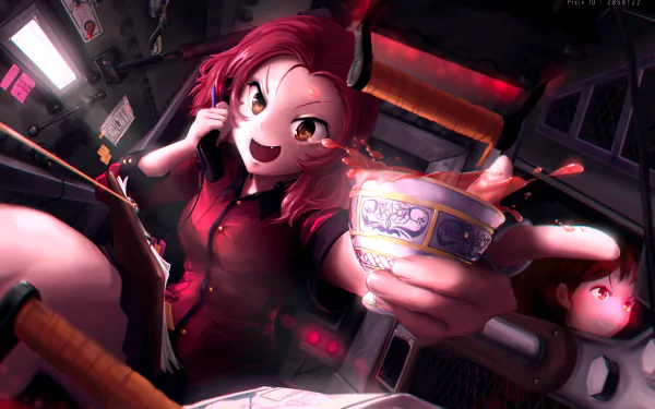 Anime character Rosehip from Girls und Panzer energetically holds up a teacup inside a tank, depicted in an HD desktop wallpaper and background.