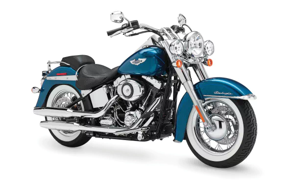 Teal Harley‑Davidson Softail Deluxe motorcycle vehicle with chrome accents on white, 4K Ultra HD PC desktop wallpaper and background