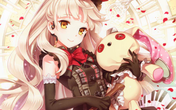 HD PC wallpaper/background of Mayu (Vocaloid), anime-style: long blonde hair, golden eyes, frilly dress and gloves, holding a pink-eared plush bunny as rose petals fall.