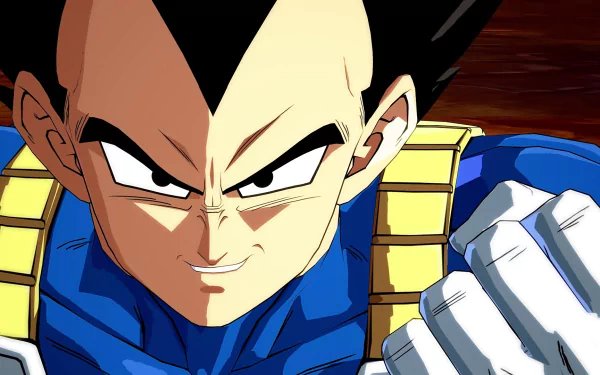 HD desktop wallpaper of Vegeta from Dragon Ball FighterZ, featuring a close-up of his determined expression and clenched fist, capturing his iconic character from the Dragon Ball series.