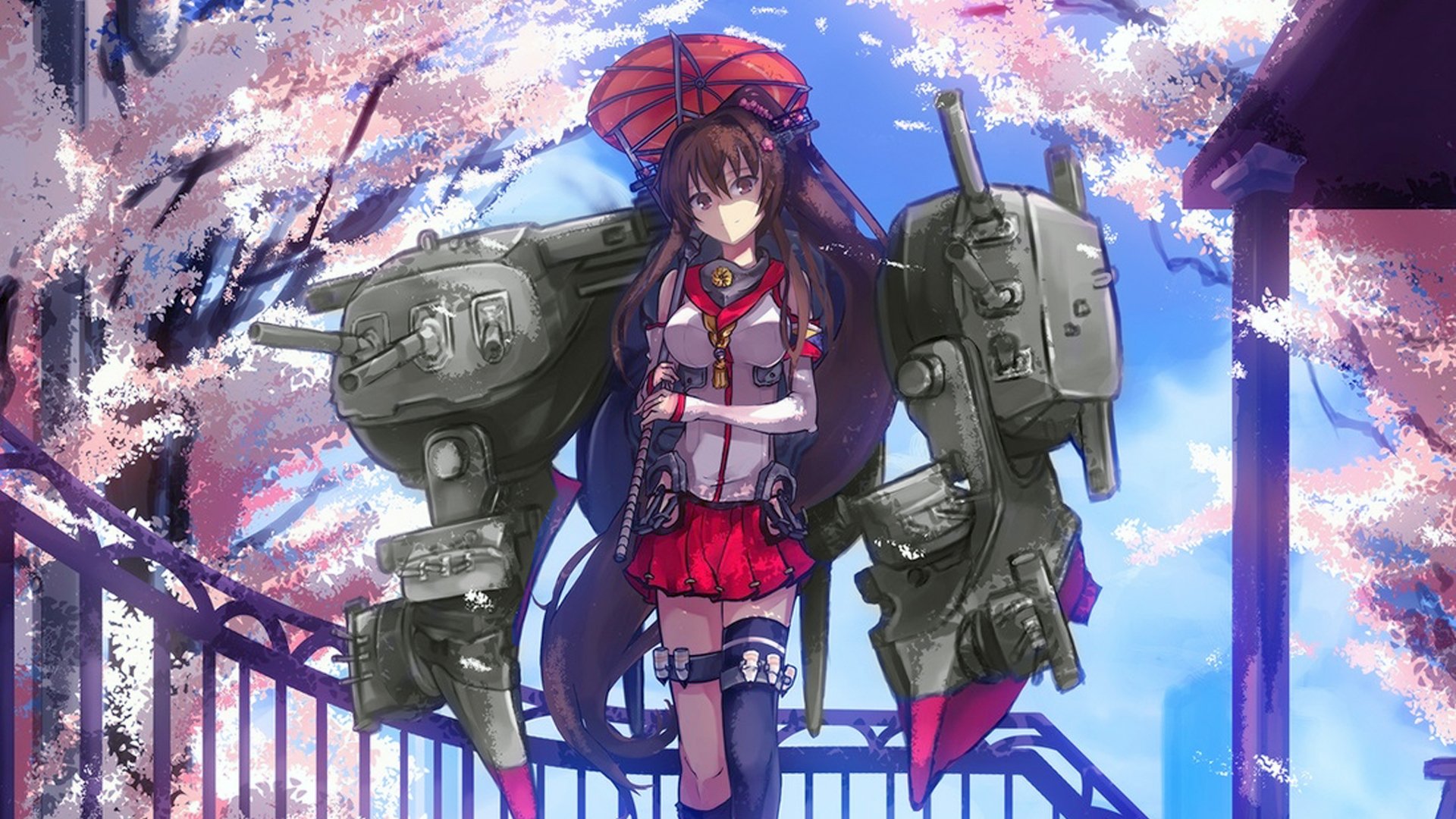 HD PC desktop wallpaper featuring Yamato from Kantai Collection, depicted in detailed anime style with heavy artillery and cherry blossoms in the background.