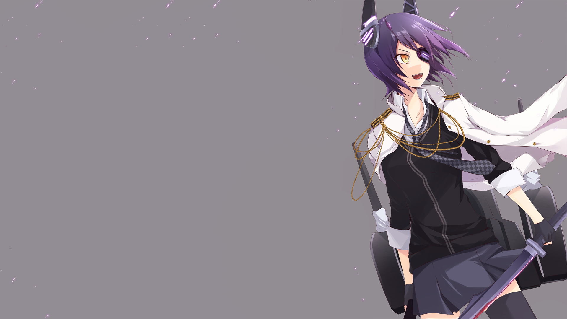 HD PC desktop wallpaper featuring Tenryuu from Kantai Collection, showcasing the anime-style character against a muted gray background.