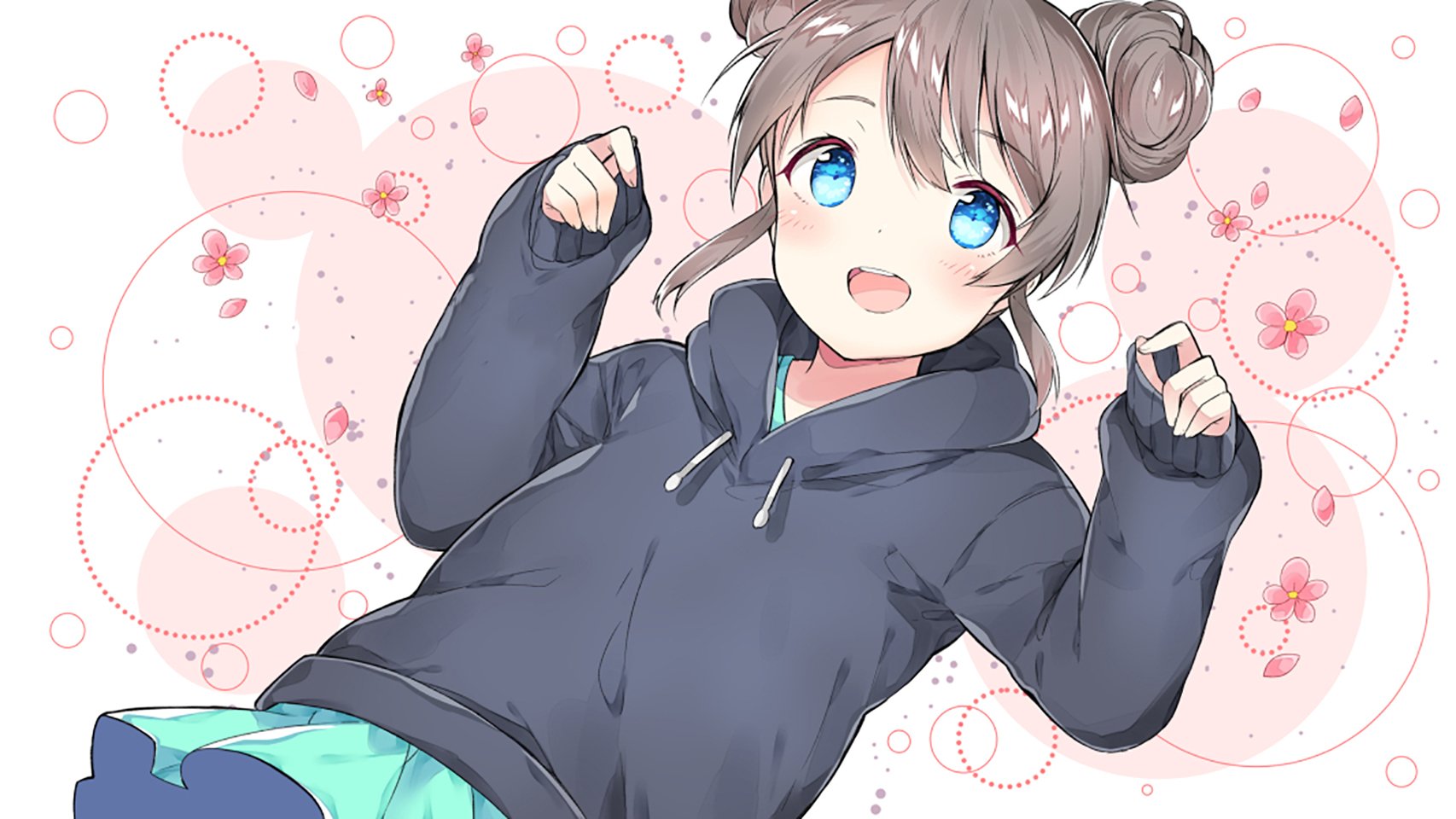 Anime-style digital artwork of a brown-haired girl with blue eyes wearing a dark hoodie and dress, surrounded by pink flowers, designed as an HD PC desktop wallpaper.