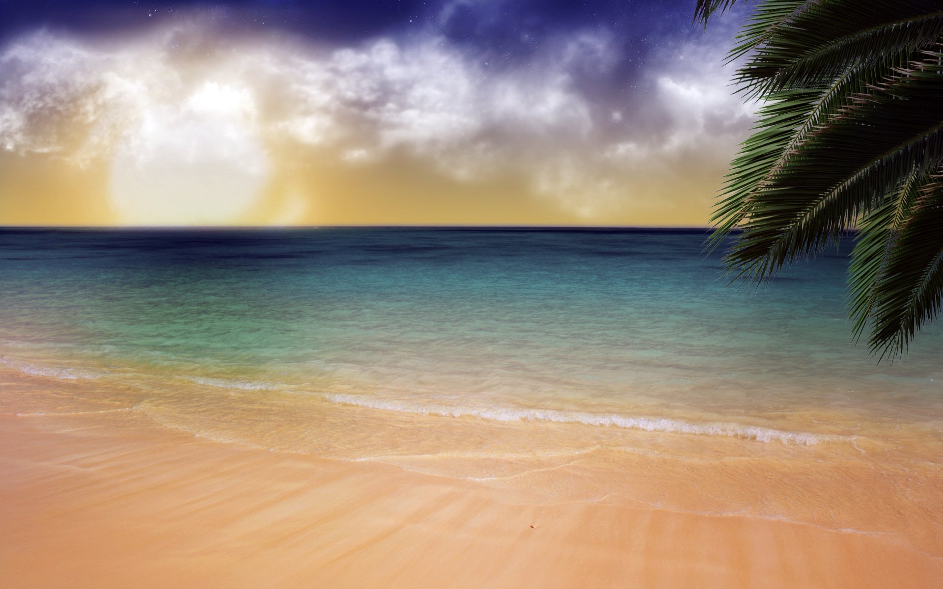HD PC desktop wallpaper featuring a serene beach scene with calm ocean waters, a cloudy sky, and palm leaves framing the view, capturing the beauty of nature.