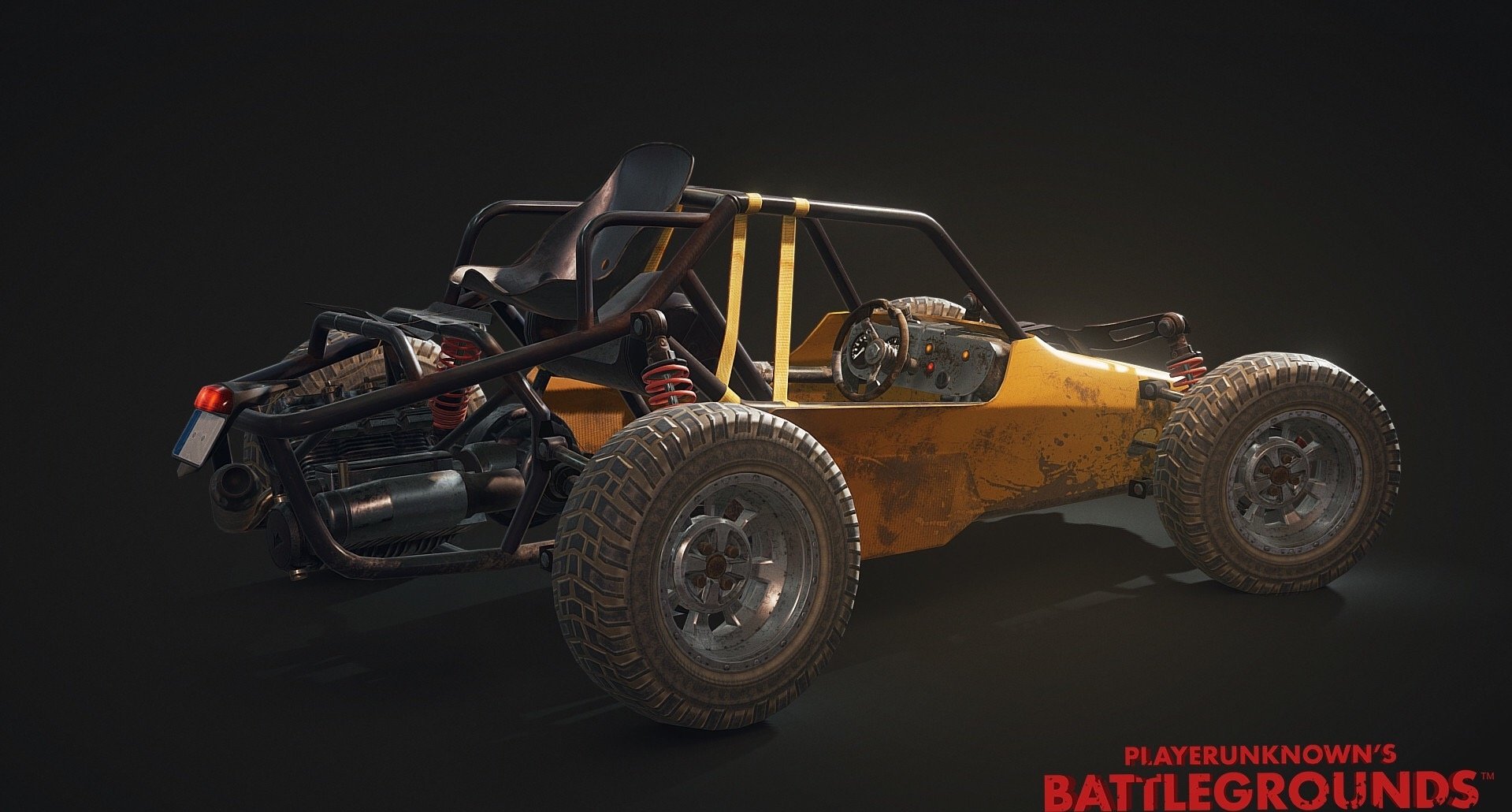 HD desktop wallpaper of a PUBG game buggy vehicle with a dark background, featuring the game's logo.