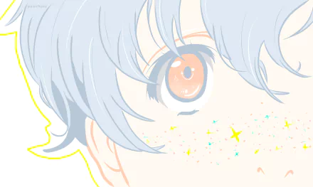 Close-up of Twelve (Zankyou no Terror) with pale blue hair, a vivid orange eye and multicolored freckle-like stars — 4K Ultra HD anime PC desktop wallpaper/background.
