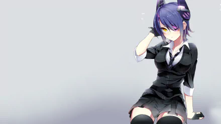 Tenryuu from Kantai Collection, anime character with purple hair and headset in a black school-style uniform, seated against a soft gray HD PC desktop wallpaper background.