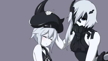 Anime HD wallpaper of Kantai Collection: Heavy Cruiser Ne‑Class gently placing a dark hat on a smiling Destroyer Princess against a muted gray background.