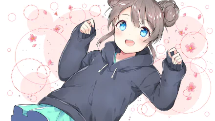 Anime-style digital artwork of a brown-haired girl with blue eyes wearing a dark hoodie and dress, surrounded by pink flowers, designed as an HD PC desktop wallpaper.