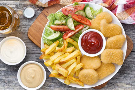 HD desktop wallpaper featuring a meal with chicken nuggets, French fries, ketchup, and fresh salad on a wooden board.