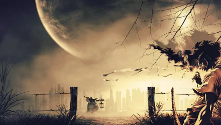 HD PC desktop wallpaper featuring Afro Samurai from the anime Afro Samurai: Resurrection, set against a dramatic sky with a large moon and silhouetted landscape.