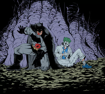 HD PC desktop wallpaper featuring Batman and Joker from the comic The Dark Knight Returns, set in a dark, cave-like environment with bold, graphic style.