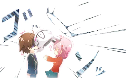 HD anime wallpaper featuring Inori Yuzuriha and Shu Ouma from Guilty Crown in a dynamic, minimalist style with expressive action lines on a white background.