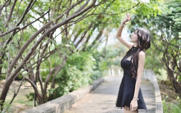 Women Asian Model Brunette Long Hair Depth Of Field Bokeh Black Dress HD Wallpaper | Background Image