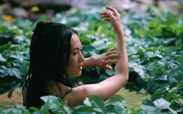 HD desktop wallpaper from the movie House of Flying Daggers featuring a woman partially submerged among lush green leaves.