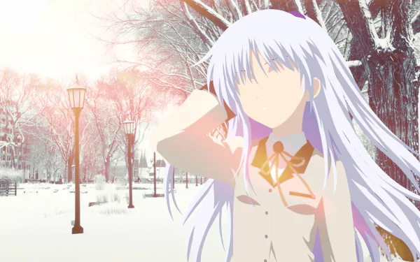 4K Ultra HD anime wallpaper featuring Kanade Tachibana from Angel Beats! standing in a snowy park with soft sunlight filtering through bare trees.