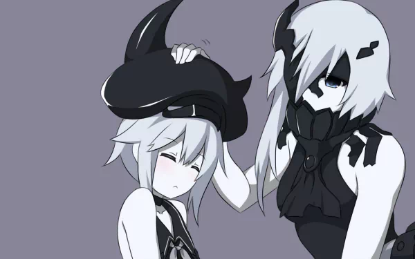 Anime HD wallpaper of Kantai Collection: Heavy Cruiser Ne‑Class gently placing a dark hat on a smiling Destroyer Princess against a muted gray background.