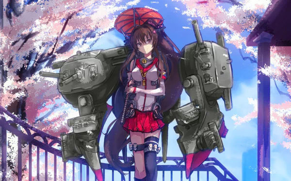 HD PC desktop wallpaper featuring Yamato from Kantai Collection, depicted in detailed anime style with heavy artillery and cherry blossoms in the background.