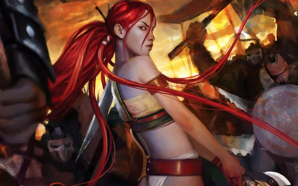 HD PC desktop wallpaper featuring the red-haired protagonist from the video game Heavenly Sword in a dynamic battle scene.