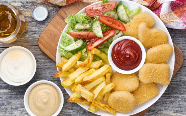 HD desktop wallpaper featuring a meal with chicken nuggets, French fries, ketchup, and fresh salad on a wooden board.