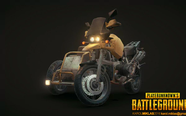 A detailed HD wallpaper featuring a distinctive motorcycle from Playerunknown's Battlegrounds, showcasing its rugged design against a dark background.
