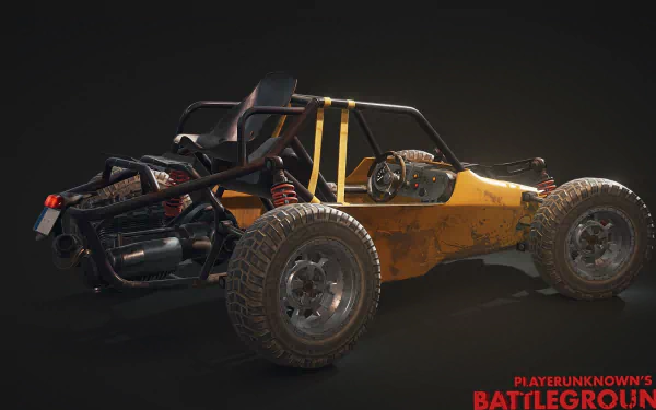 HD desktop wallpaper of a PUBG game buggy vehicle with a dark background, featuring the game's logo.