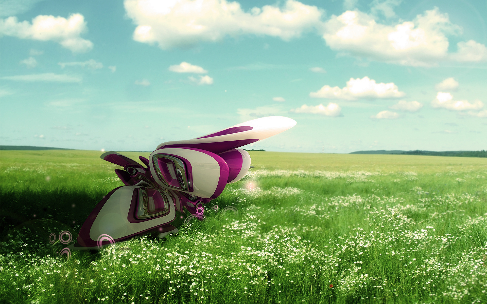 A serene landscape featuring a strange formation amidst a grassy field.