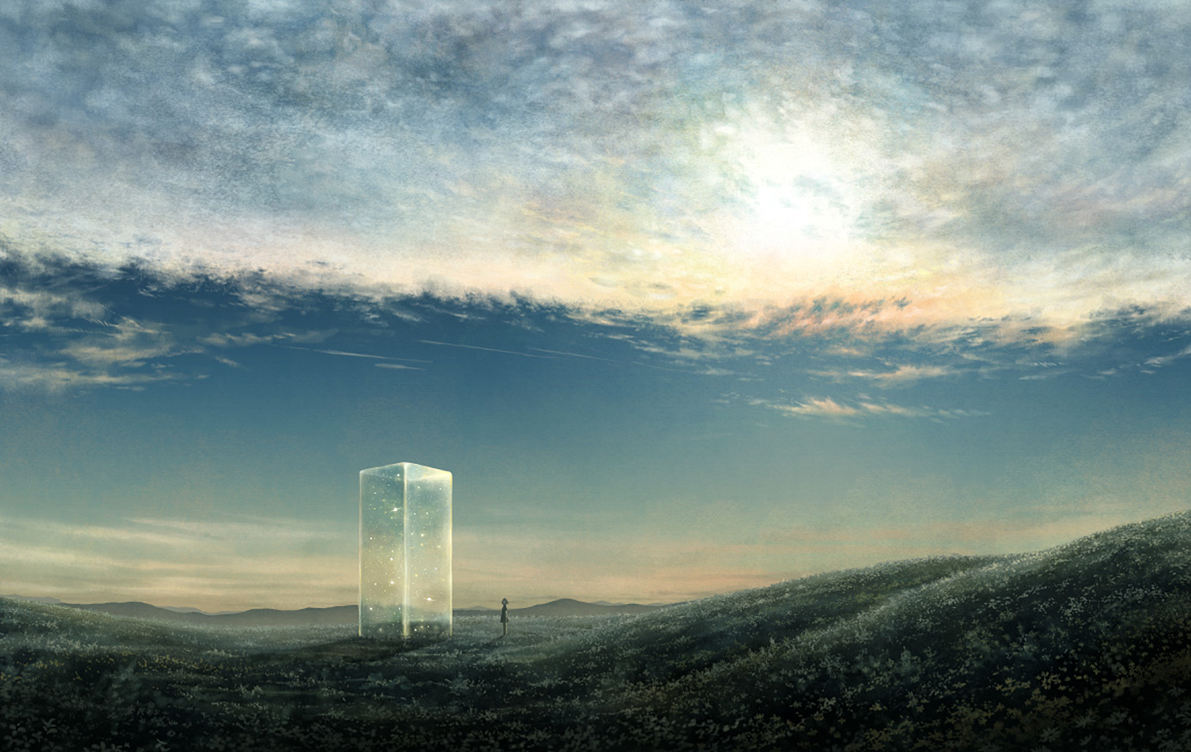 Original Sky Anime HD desktop wallpaper: sunlit clouds over rolling hills and field, a translucent glowing cube standing in the grass beneath a hazy sun.