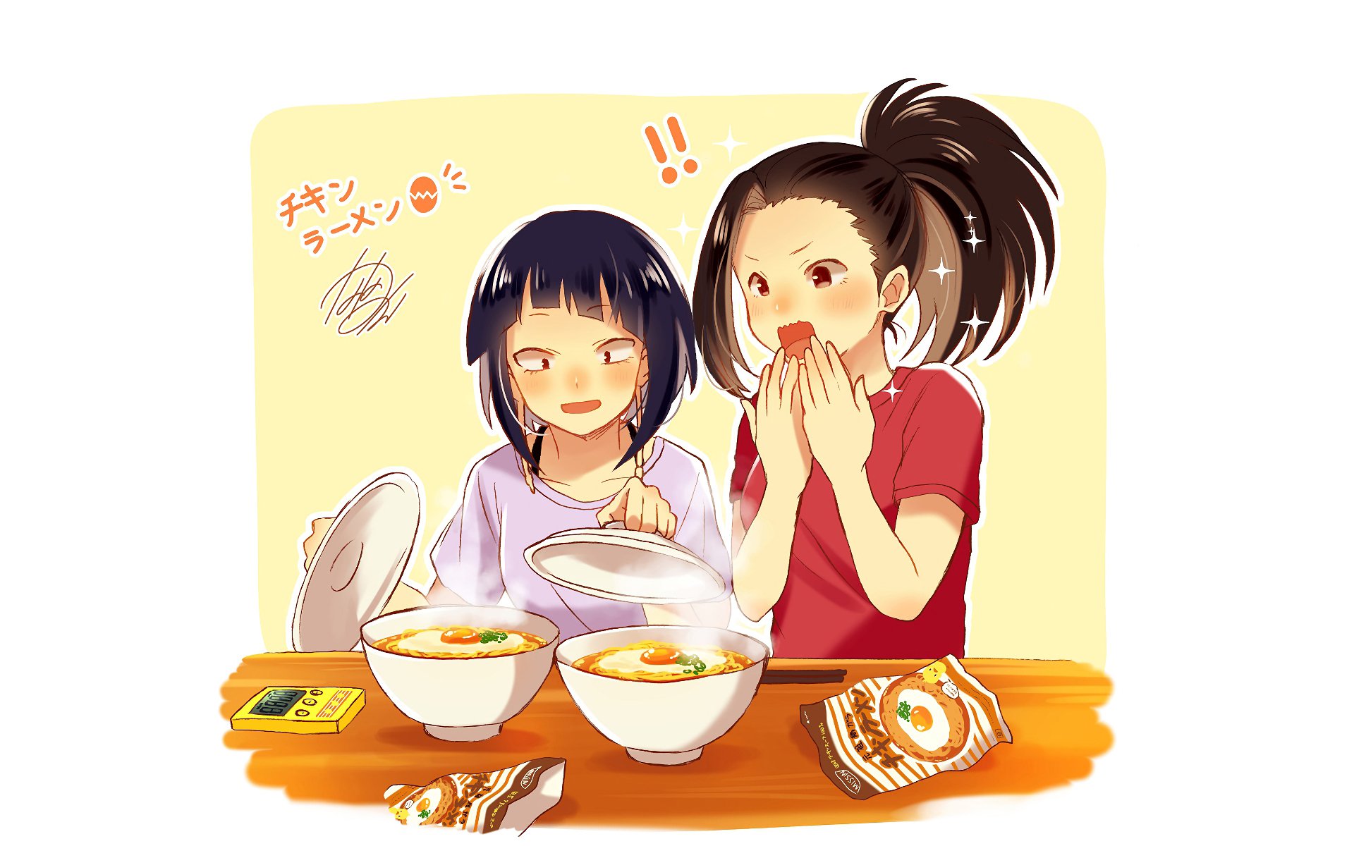 Anime HD desktop wallpaper featuring Momo Yaoyorozu and Kyōka Jirō from My Hero Academia enjoying bowls of ramen together.