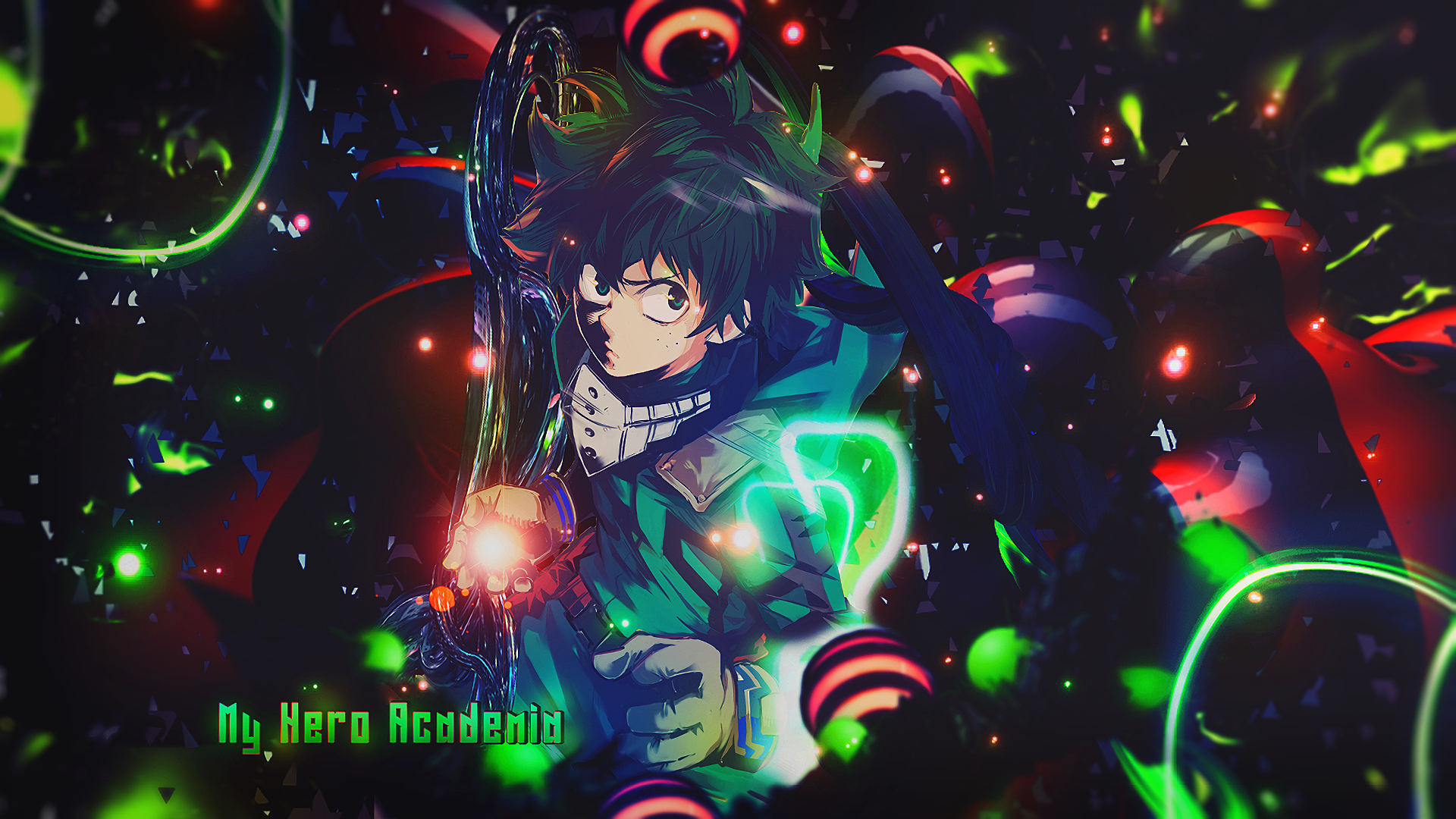 HD desktop wallpaper featuring Izuku Midoriya from the anime My Hero Academia, displaying his heroic stance amidst vibrant, dynamic colors and abstract elements.