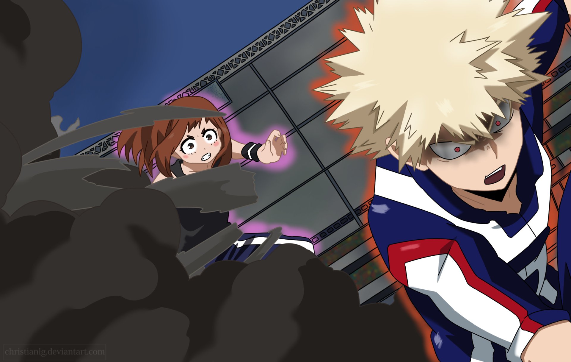 4K Ultra HD PC desktop wallpaper of Ochaco Uraraka and Katsuki Bakugou from My Hero Academia anime — Bakugou bursting through smoke while Uraraka reaches out midair.