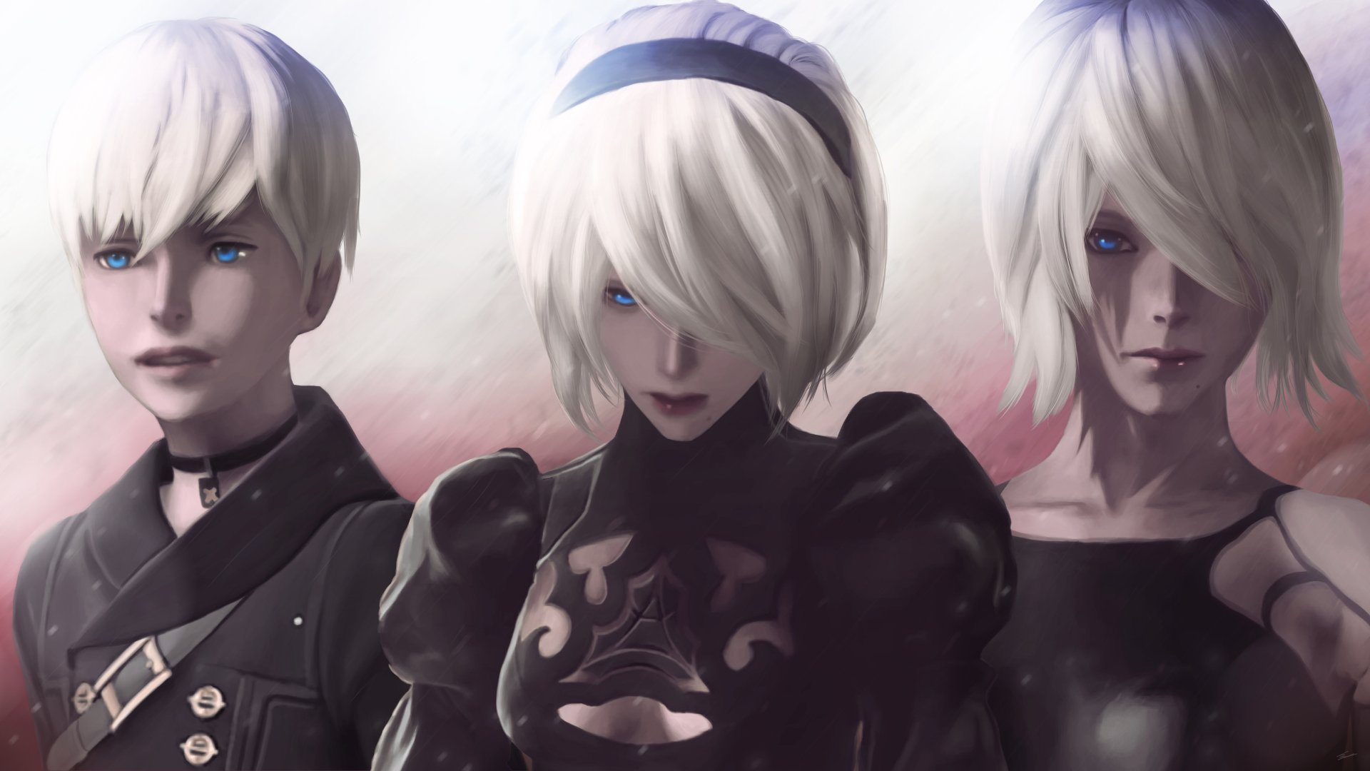 HD wallpaper featuring YoRHa Type A No.2, YoRHa No.9 Type S, and YoRHa No.2 Type B from the video game NieR: Automata.