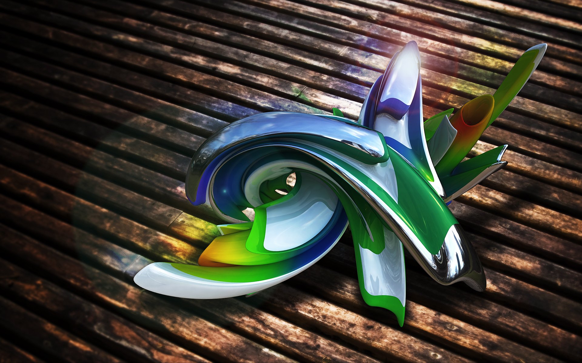 Abstract, colorful, and weird 3D shapes rest on a textured wooden surface, creating an artistic HD PC desktop wallpaper with vibrant reflections and dynamic forms.