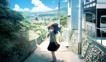 Anime original HD PC desktop wallpaper/background — a schoolgirl in uniform stands on a sunlit hillside street, looking toward green fields and a bright blue sky with fluffy clouds.