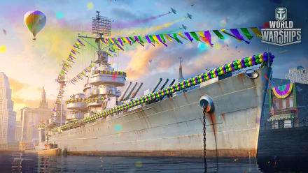 HD PC desktop wallpaper from the video game World of Warships: a decorated battleship docked at sunrise, draped in colorful pennants and balloons with a city skyline.