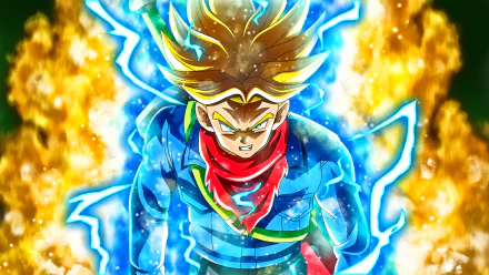 HD wallpaper featuring Trunks from Dragon Ball Super in his Super Saiyan form, with vibrant blue and gold energy surrounding him. Anime artwork with dynamic visuals and intense colors.