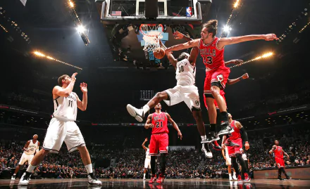 HD desktop wallpaper featuring an intense NBA game moment with players in action on the basketball court.