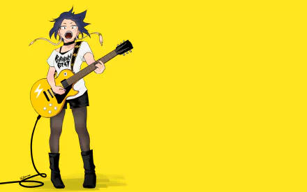 HD PC desktop wallpaper featuring Kyōka Jirō from the anime My Hero Academia playing an electric guitar on a bright yellow background.