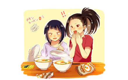 Anime HD desktop wallpaper featuring Momo Yaoyorozu and Kyōka Jirō from My Hero Academia enjoying bowls of ramen together.