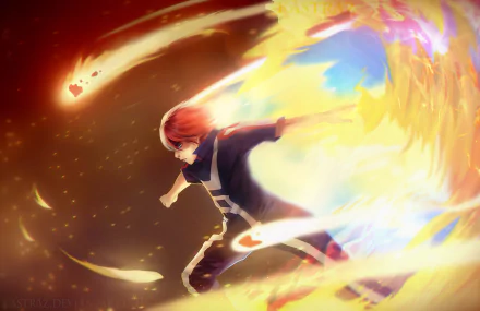 A dynamic HD wallpaper of Shoto Todoroki from My Hero Academia, showcasing his fiery and icy powers in a vibrant and intense action scene.