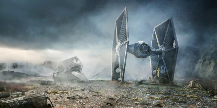 HD desktop wallpaper featuring a sci-fi scene from Star Wars with R2-D2 and C-3PO next to a crashed TIE Fighter in a desolate, misty landscape.