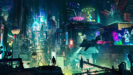 A vibrant cyberpunk cityscape at night, filled with colorful lights and futuristic elements. People and flying vehicles create a lively sci-fi atmosphere in this HD wallpaper.