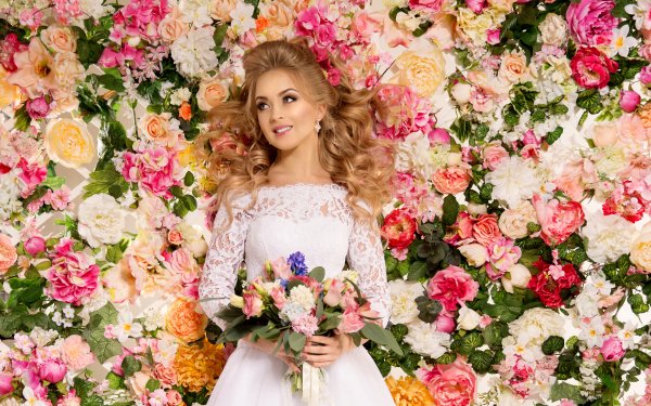 Women Bride Model Smile Blonde Wedding Dress White Dress Flower HD Wallpaper | Background Image