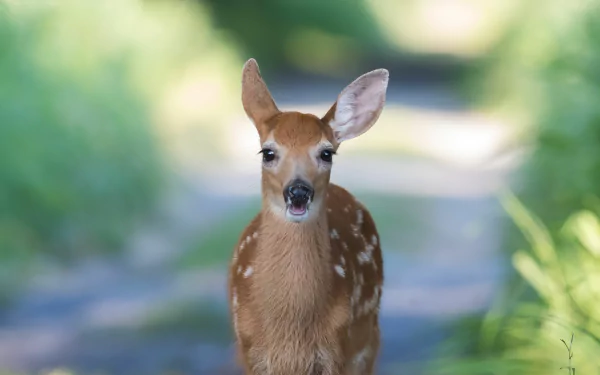 A high-definition desktop wallpaper featuring a fawn, showcasing the baby deer with its gentle eyes, standing amidst soft green foliage.