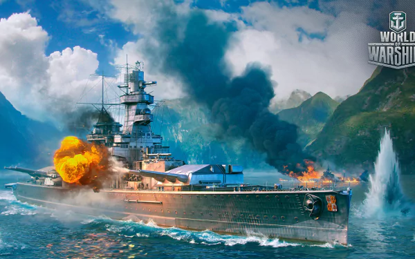 HD PC desktop wallpaper featuring a World of Warships video game scene with a battleship firing amidst explosive naval combat near mountainous islands.