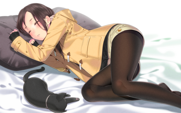 Anime Girl Cat Thigh Highs Shorts Jacket Bed Pillow HD Wallpaper | Background Image
