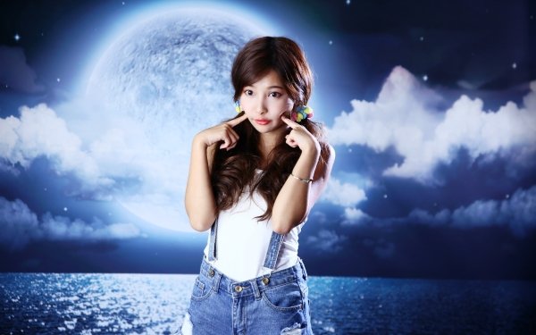 Women Asian Model Manipulation Brunette Brown Eyes Moon Ocean Twintails HD Wallpaper | Background Image